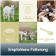 Collage aus Zicklein und Lämmern mit Fütterungs-Ikonen und deutschen Hinweisen: 'Max. 1/3 der Tagesration'; 'Empfohlene Fütterung'.