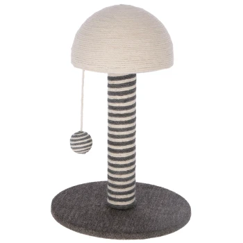 Kratzsäule Funghi grau Kratzbaum für Katzen mit rundem Sockel, gestreiftem Pfosten und kuppelförmigem Oberteil, mit einem baumelnden Ball zum Spielen.