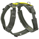 Grau gepolstertes Hundegeschirr mit neon­gelbem Besatz, Metall-D-Ring und Kunststoffschnalle mit Aufdruck "HUNTER", kleine Größenmarke "M".