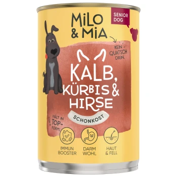 Dosen-Hundefutter "Milo & Mia" für Senioren, mit Kalbfleisch, Kürbis und Hirse. Vorteile: Immunstärkung, Verdauungsgesundheit, Haut- und Fellunterstützung.