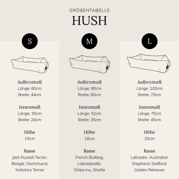 Größentabelle für "HUSH" Haustierbetten, die Abmessungen und empfohlene Rassen für kleine, mittlere und große Größen zeigt.