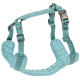 Light blue padded dog harness with adjustable straps and metal buckle, designed for comfort and control.