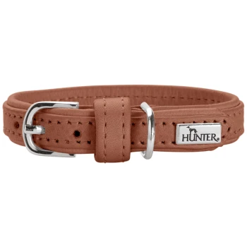 Braunes Lederhalsband für Hunde mit silberner Schnalle und D-Ring, Ziernähten und Metallanhänger mit der Aufschrift 'HUNTER'.
