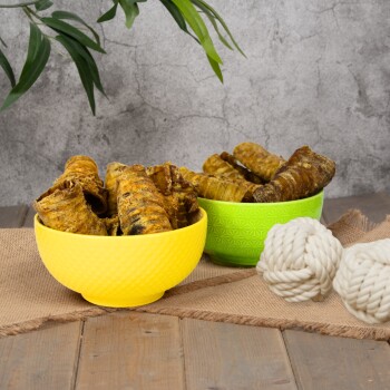 Zwei Schalen mit Haustierleckereien: eine gelbe Schale mit knusprigen Snacks und eine grüne Schale mit ähnlichen Leckereien, plus zwei weiße Seilspielzeuge auf Holz.