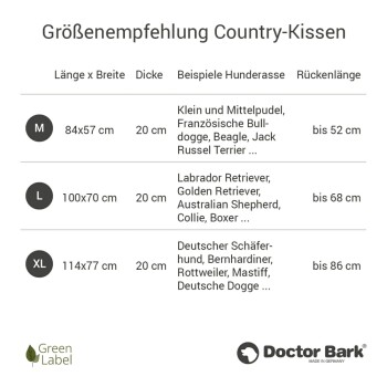 Größentabelle für "Country Kissen" Haustierbetten von Doctor Bark, die Abmessungen und geeignete Hunderassen für die Größen M, L und XL detailliert.