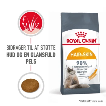 Royal Canin Hair & Skin Katzenfutterbeutel mit einer Katze, mit Text, der 90% Zufriedenheit der Besitzer hinsichtlich Haut- und Fellqualität hervorhebt.