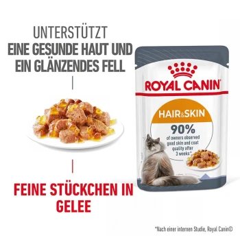 Royal Canin Hair & Skin Katzenfutterbeutel mit feinen Stücken in Gelee, fördert gesunde Haut und glänzendes Fell; 90% Zufriedenheit der Besitzer.