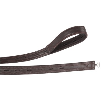 Braune Leder-Haustierleine mit einer Schlaufe und einem Metallclip, mit Nähten und Löchern für die verstellbare Länge.