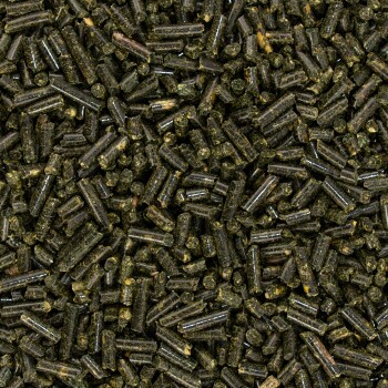Nahaufnahme von dunkelgrünen, zylindrischen Haustierfutterpellets, die auf einer Oberfläche verstreut sind, und deren Textur und Form zeigen.