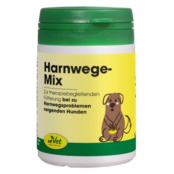 Behälter von cdVet HarnwegeMix, beschriftet mit "Harnwegsmix", mit einem grünen Deckel und gelbem Hintergrund, mit dem Text "100% NATUR".