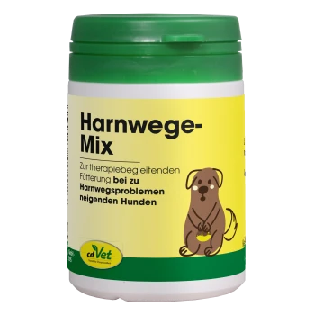 Behälter von cdVet HarnwegeMix, beschriftet mit "Harnwegsmix", mit einem grünen Deckel und gelbem Hintergrund, mit dem Text "100% NATUR".