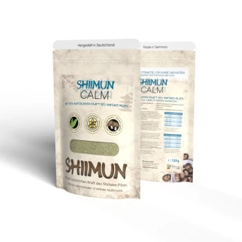 Verpackung für "SHIIMUN CALM," ein Haustier-Nahrungsergänzungsmittel mit einer natürlichen Shiitake-Pilzformel, mit Symbolen für Inhaltsstoffe und Vorteile.