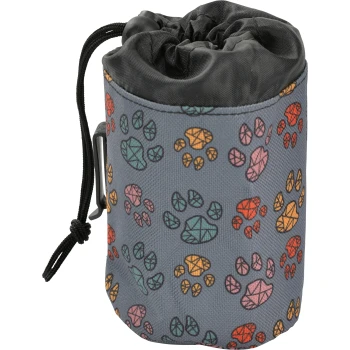 A cylindrical pet treat pouch with a drawstring closure, featuring a gray background adorned with colorful paw prints in orange, pink, and teal.