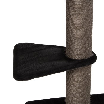 Schwarze Katzenbaum mit zwei Plattformen und einem strukturierten Kratzbaum.