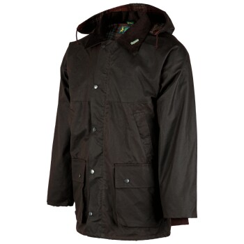 Dunkelbraune gewachste Kapuzenjacke mit Druckknöpfen und Fronttaschen, kariertes Futter sichtbar in der Kapuze.