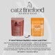 Zwei catz finefood-Futterbeutel (altes Rot, neues Orange) unter 'catz finefood – Inspired by Nature' und '15 Jahre Premium'