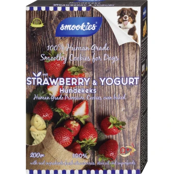 Smoothy Cookies Erdbeere & Joghurt 200 g Smookies Erdbeer- & Joghurt-Hundekekse Verpackung, die frische Erdbeeren zeigt und hochwertige Zutaten und Nährstoffe hervorhebt.