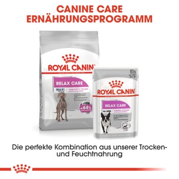 Royal Canin Relax Care Hundefutterverpackung: ein "MAXI" Trockenfutterbeutel und ein "ALL SIZES" Nassfutterbeutel, der die Anpassung an Veränderungen fördert.