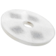 Un filtre pour animaux de compagnie rond et blanc avec un trou central, présentant une texture douce et duveteuse et des taches sombres, conçu pour les produits de soin pour animaux.