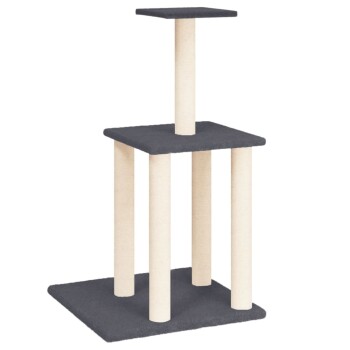 Grauer und cremefarbener Katzenbaum mit zwei Plattformen und vier Kratzpfosten. Ideal zum Klettern und Kratzen.