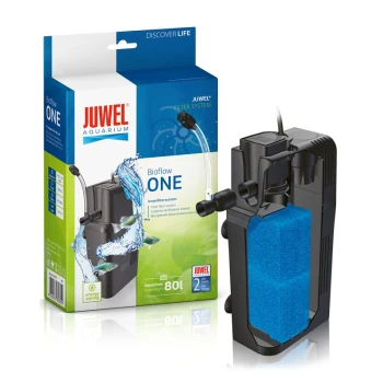 Filtr Bioflow ONE System filtracji akwarium Juwel Bioflow ONE wyeksponowany obok swojego opakowania, z niebieskim filtrem gąbkowym i rurką do przepływu wody.