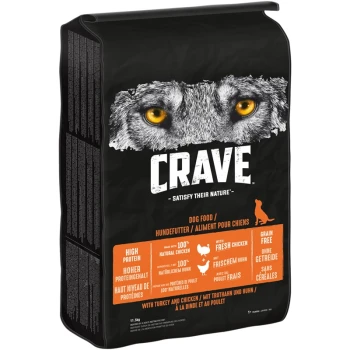 Zwarte hondenvoerzak gelabeld "CRAVE" met het gezicht van een wolf, met nadruk op "Hoog Eiwit," "Graan Vrij," en "Gemaakt met 100% Natuurlijk Kip."