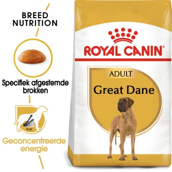 Royal Canin Adult Great Dane hondenvoer zak met een afbeelding van een Grote Deense, met tekst die de voedingsbehoeften van het ras en geconcentreerde energie benadrukt.