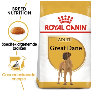 Royal Canin Adult Great Dane hondenvoer zak met een afbeelding van een Grote Deense, met tekst die de voedingsbehoeften van het ras en geconcentreerde energie benadrukt.