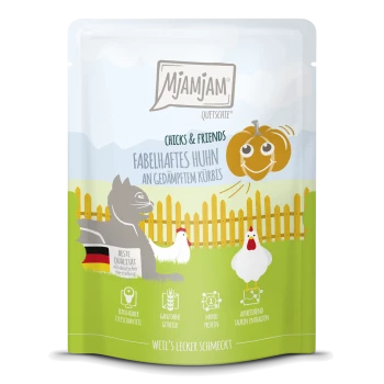 Mjamjam Haustierfutterverpackung mit einer Cartoon-Katze und Hühnern, beschriftet mit "Fabelhaftes Huhn an gedämpftem Kürbis."