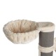 Cremefarbener Plüschkatzenbett, das an einem grauen Kratzbaum befestigt ist, mit einem weichen, gerafften Rand für Komfort.