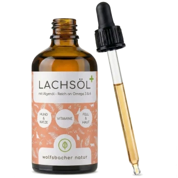 Bernsteinfarbene Flasche LACHSÖL Haustieröl mit Pipette; Etikett: 'LACHSÖL', 'Omega 3 & 6' und 'wolfsbacher natur'.