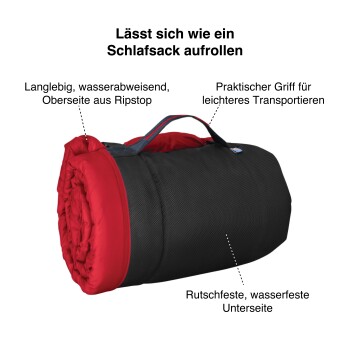 Haustierschlafsack in Rot und Schwarz, mit einem praktischen Tragegriff, wasserabweisendem Oberteil und rutschfestem, wasserdichtem Boden.