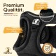 Schwarzes Hundegeschirr mit atmungsaktivem Mesh, beschriftet mit 'Premium Qualität' und 'Atmungsaktives Mesh', mit Tierhood-Logo.