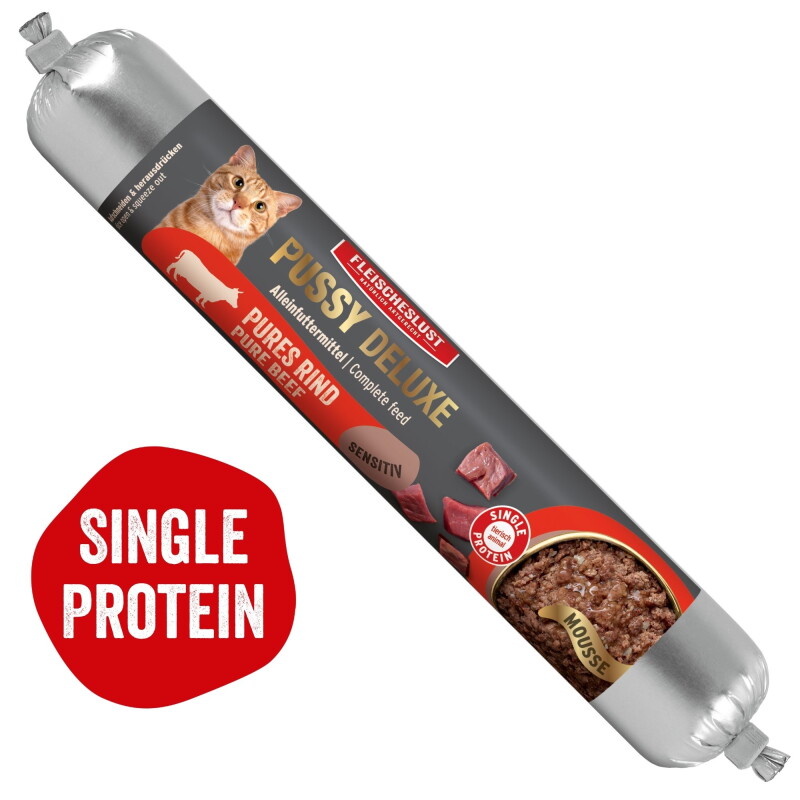 Pussy Deluxe Sensitiv Pures Rind Alleinfutter Wurst Katze 12x100g
