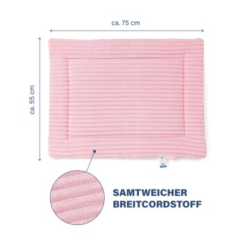 Rosa Hundebett mit gerippter Textur, das ungefähr 75 cm mal 55 cm misst, beschriftet mit 'Samtweicher Breitcordstoff.'