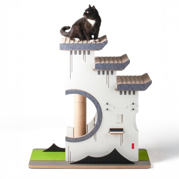 Eine schwarz-weiße Katze sitzt auf einem modernen Katzenbaum mit mehreren Ebenen, Kratzbaum und grünem Sockel, vor einem weißen Hintergrund.