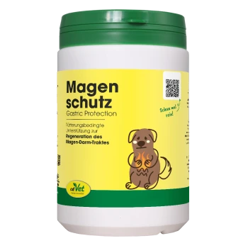Behälter von cdVet Magenschutz (Magen-Schutz) mit grünem Deckel, mit einem gelben Etikett mit Text in Deutsch und Englisch.