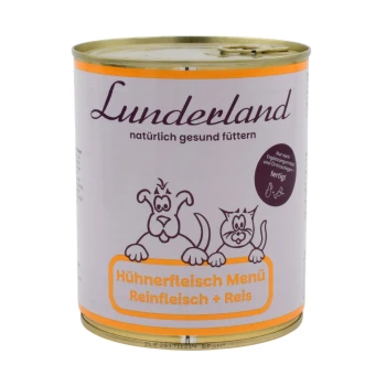 Dosen-Hundefutter mit der Aufschrift "boos Hühnerfleisch Menü," mit einem weißen und orangefarbenen Design und dem Text "Ergänzungsfuttermittel für Hunde."