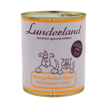 Dosen-Hundefutter mit der Aufschrift "boos Hühnerfleisch Menü," mit einem weißen und orangefarbenen Design und dem Text "Ergänzungsfuttermittel für Hunde."