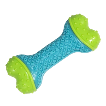 Jouet en caoutchouc en forme d'os pour chien bleu et vert avec des protubérances et le logo « KONG » embossé