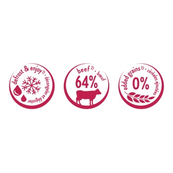 Drei pinke, runde Tierfutter-Abzeichen: „defrost & enjoy“ mit Schneeflocke, „64% Rind“ mit Kuh-Silhouette, „0% zugesetzte Getreide“ mit Weizen