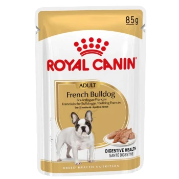 Royal Canin pouch 85g for Adult French Bulldog, Digestive Health — white/gold pack with dog photo and kibble
