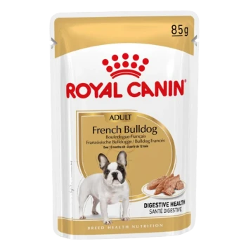Royal Canin pouch 85g for Adult French Bulldog, Digestive Health — white/gold pack with dog photo and kibble
