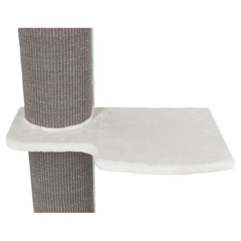 Katzenbaum mit einem strukturierten grauen Kratzbaum und einer weichen weißen Plattform zum Ausruhen oder Spielen.