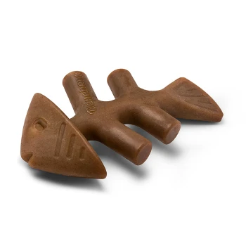 A brown, fish-shaped dog chew toy with a textured surface and the brand name "Petbone" embossed on it.