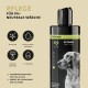 Schwarze Flasche mit Petcare Petdog Shampoo für Hunde, mit Symbolen für Glanz, Feuchtigkeit, leichtes Kämmen und pH-Neutralität, mit Text in Deutsch.