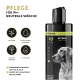 Schwarze Flasche mit Petcare Petdog Shampoo für Hunde, mit Symbolen für Glanz, Feuchtigkeit, leichtes Kämmen und pH-Neutralität, mit Text in Deutsch.