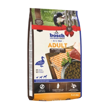Bosch Adult Hundefutterbeutel, 3 kg, mit frischer Ente und Reis, mit Nährwertinformationen: 23% Protein, 12% Fett, geeignet für alle Rassen.