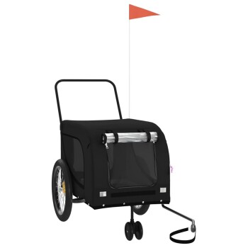 Schwarzer Haustierwagen mit einem Netz vorne, zwei großen Rädern, einem Griff und einer Sicherheitsflagge, entworfen für den Transport von Haustieren.