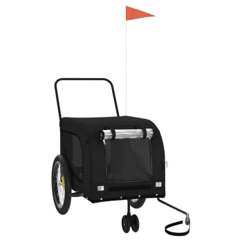Schwarzer Haustierwagen mit einem Netz vorne, zwei großen Rädern, einem Griff und einer Sicherheitsflagge, entworfen für den Transport von Haustieren.